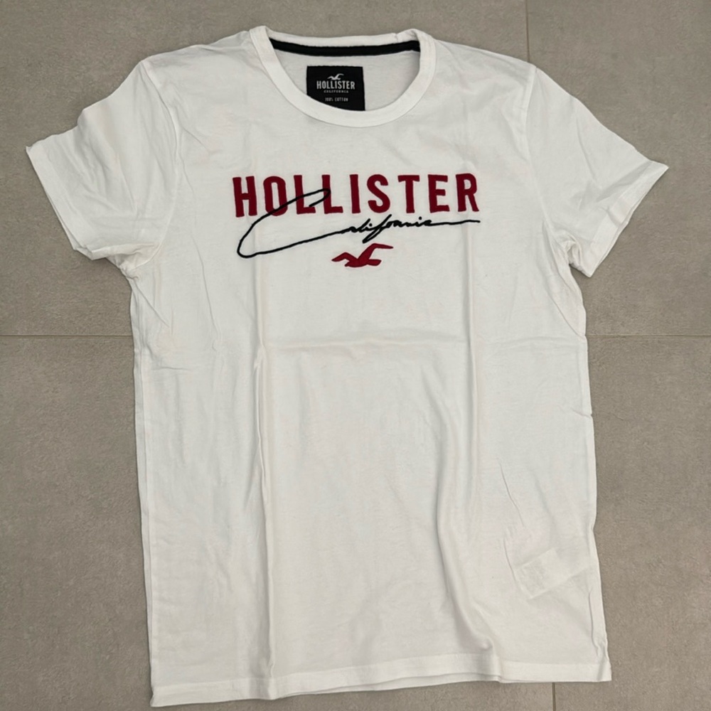 Hollister 100% cotton size small white embroidered logo on chest red and navy